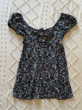 SO Black Floral Square-Neck Top with Teal & Lavender Accents